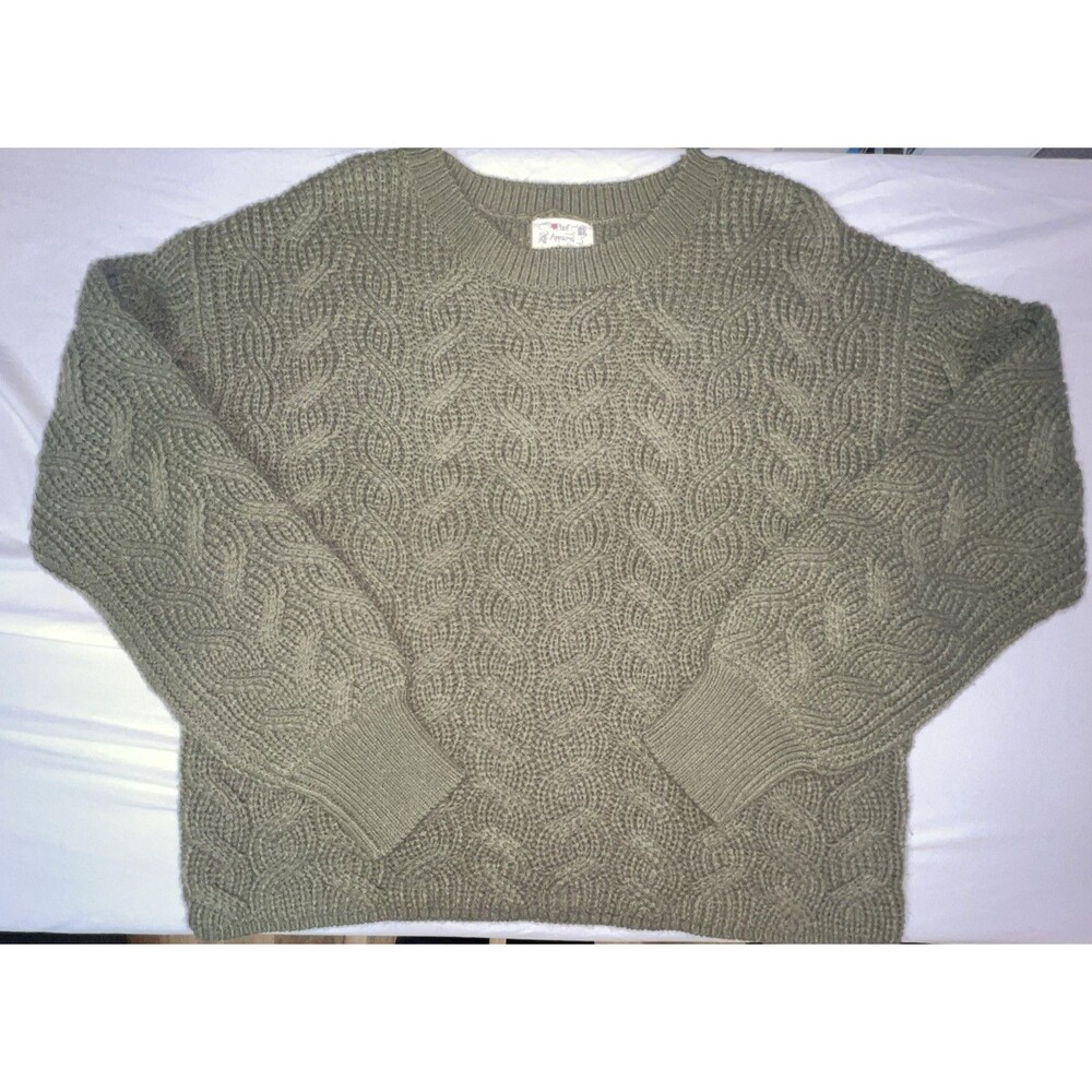Poof Apparel Women’s Olive Green Cable Knit Chunky Pullover Sweater Large